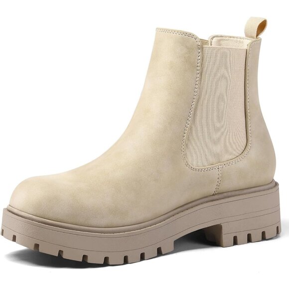 Shoes - Women's Beige Chelsea Low Chunky Heel Slip On Lug Sole Elastic Ankle Booties
